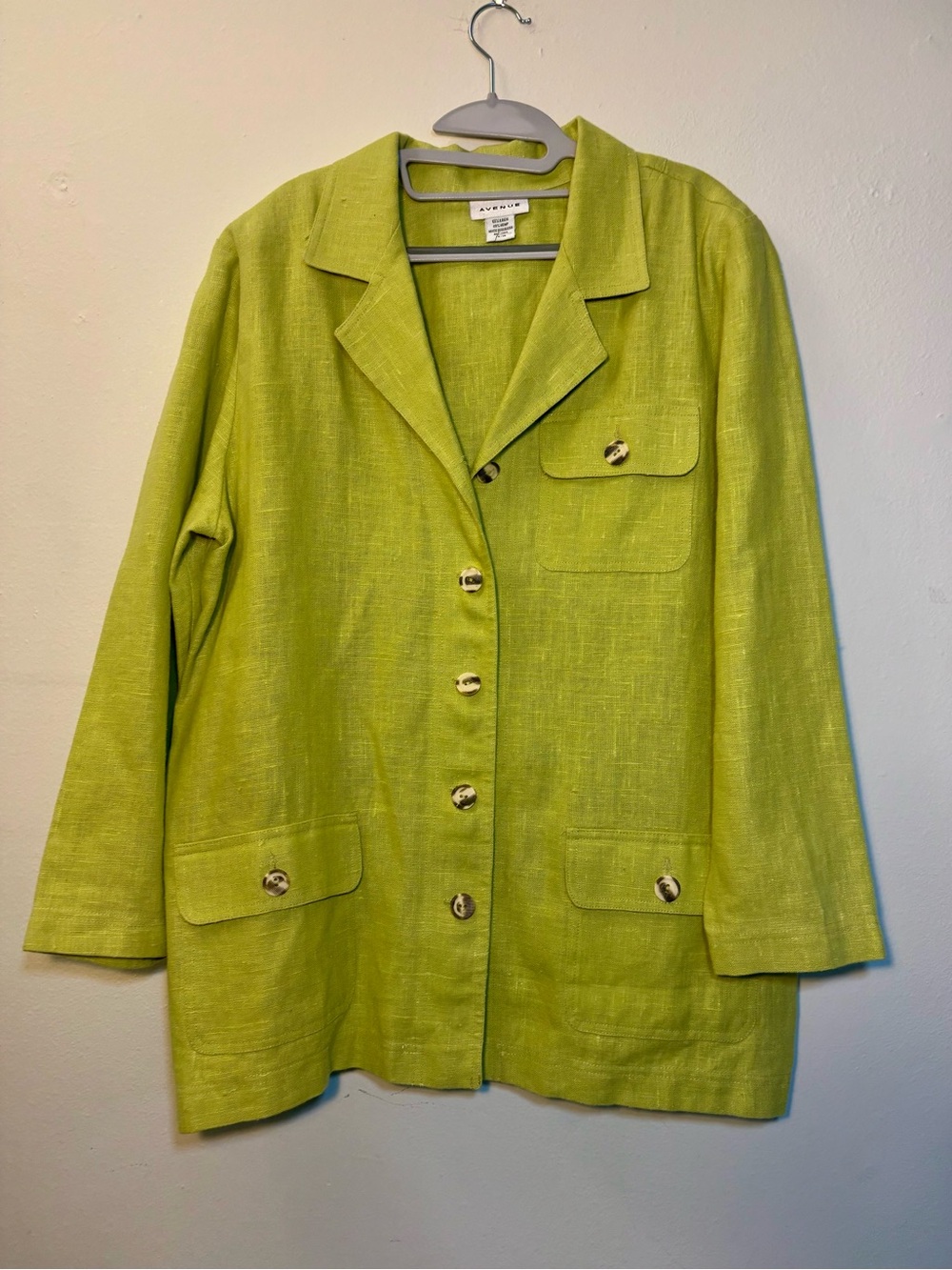 Avenue Women's Chartreuse Linen/Hemp- Blend Button Front Jacket
